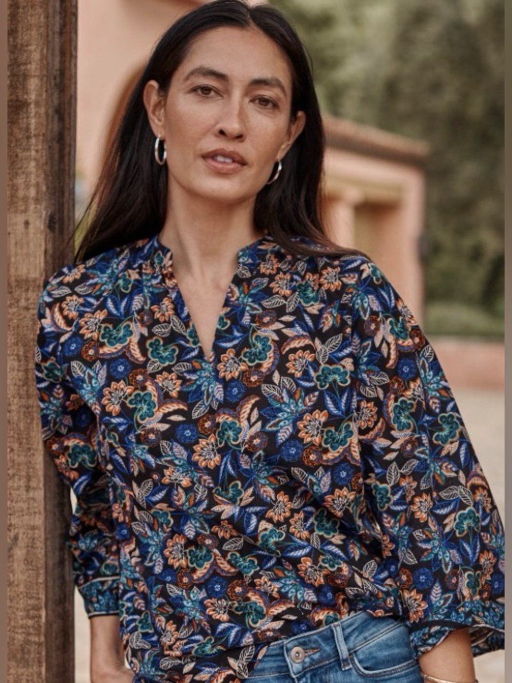 J.Jill NWT Border Printed 100% Cotton Raglan Sleeve Navy Floral Blouse Size 4X